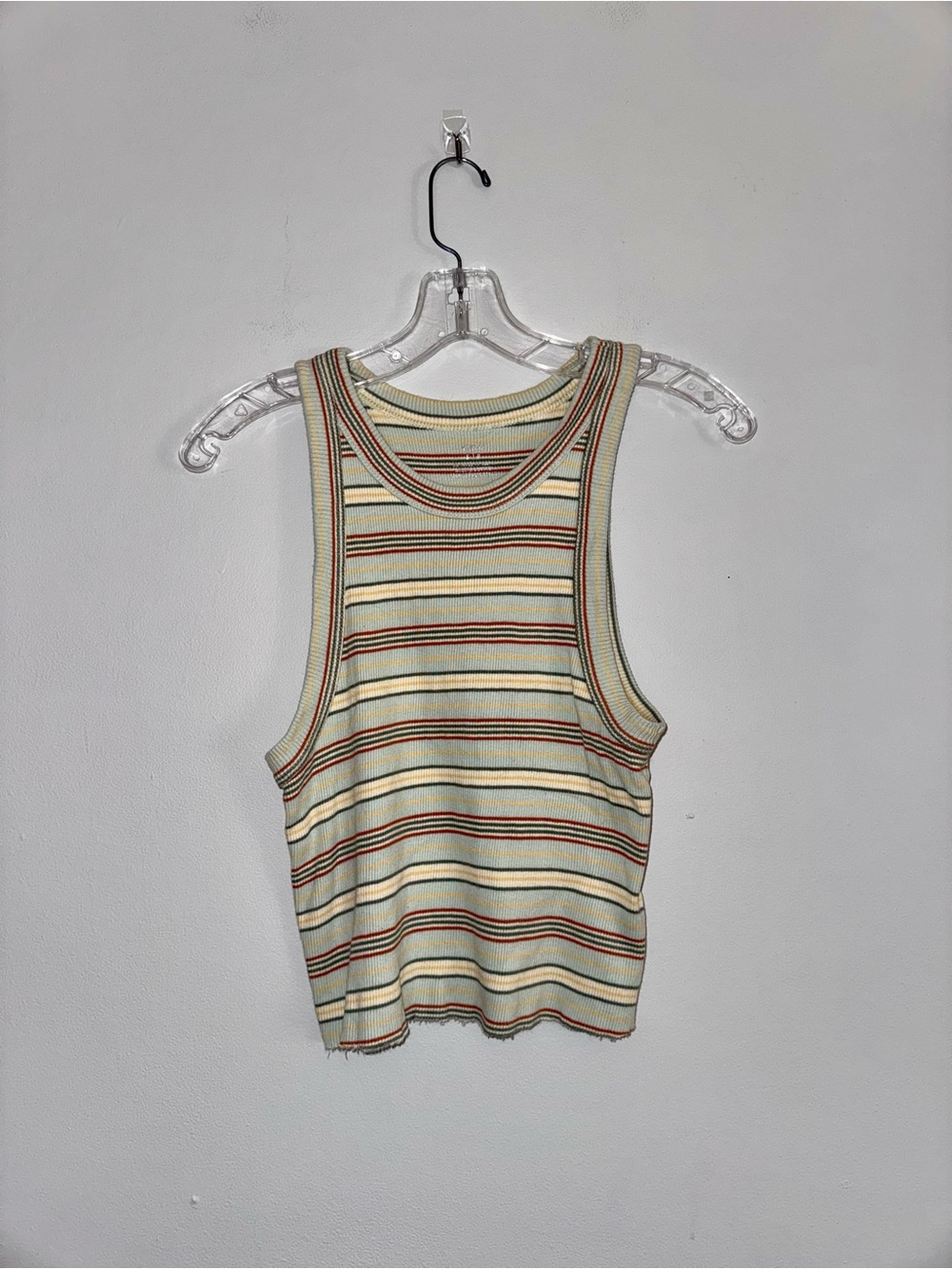 Aerie Striped Ribbed Tank Top - Cream with Red & Green Stripes S